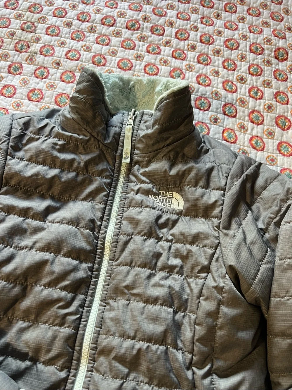 The North Face Youth size large 14/16 Reversible Gray Teal Fleece Jacket